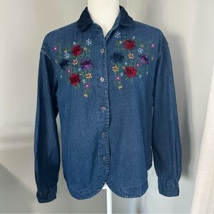 Cascade Blues Vintage Embroidered Denim Shirt with Floral Design, Button Down, M